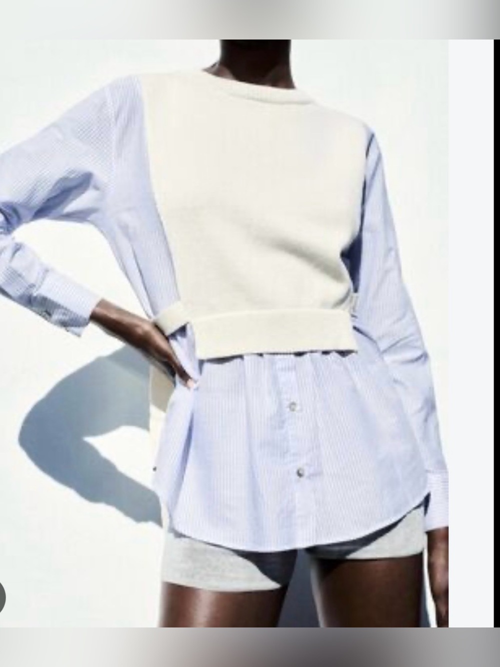 Zara Cream Knit Vest Over Light Blue Striped Button-Down Shirt (SKU862)